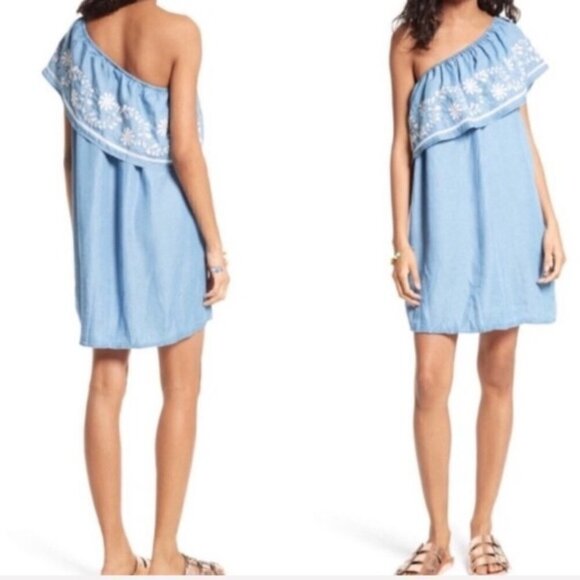 Rebecca Minkoff Rita Embroidered Chambray One Shoulder Shift Mini Dress Size XS - Picture 17 of 17